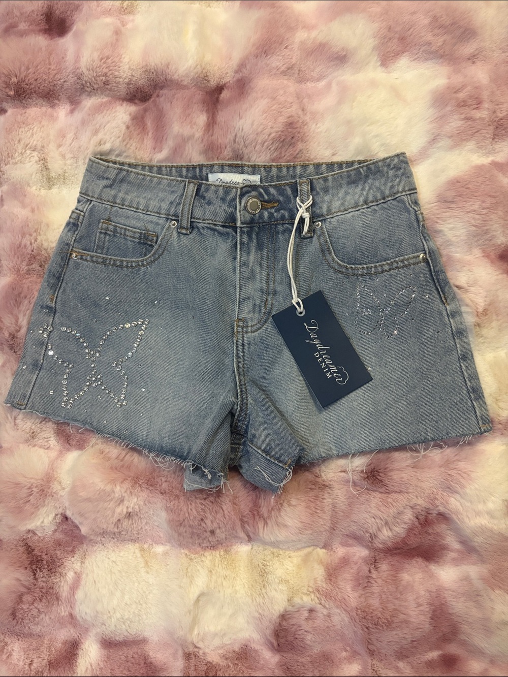 Daydreamer Light Blue Denim Shorts with Rhinestone Butterfly